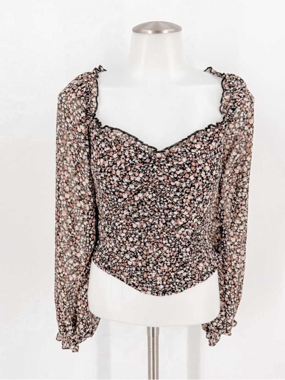 Astr Floral Square-Neck Long Sleeve Blouse - Black with Pink & Cream
